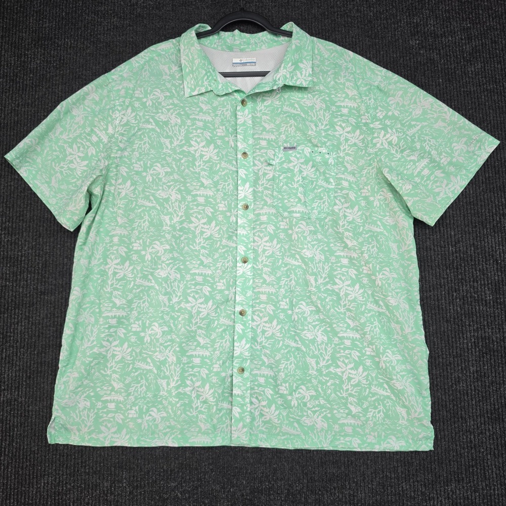 Columbia PFG Mens XXL Mint Green Tropical Island Print ShortSleeve Fishing Shirt